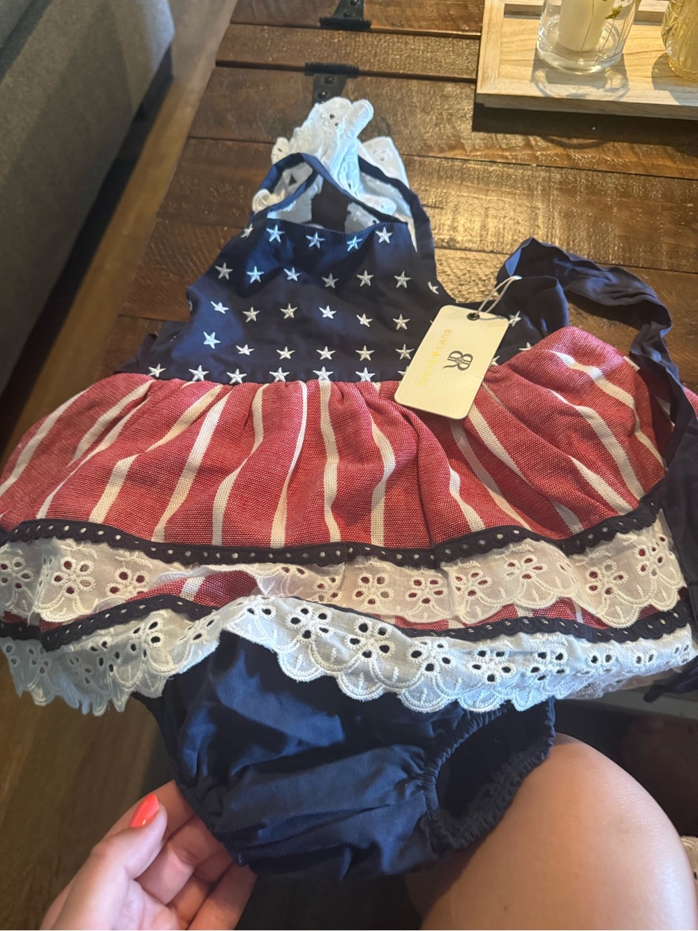 Girls Star-Spangled Halter Dress with Eyelet Trim - Navy & Red